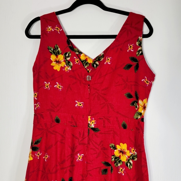 4/$20 Vintage Erika Sleeveless Linen Red Tropical Floral Print Dress Small - Picture 5 of 7